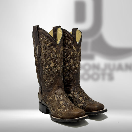 Corral Woman's Brown Inlay Stud Sq. Toe